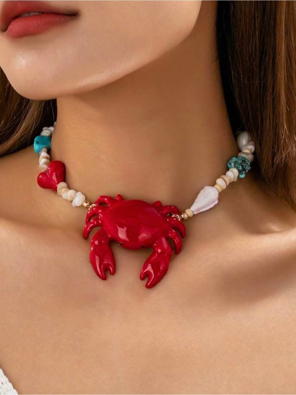 NWT Red Crab Necklace with Turquoise Accents, Statement Necklace, Summer